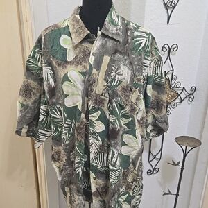 Men's Casual Button Down Shirt - Green and Brown Tropical Print